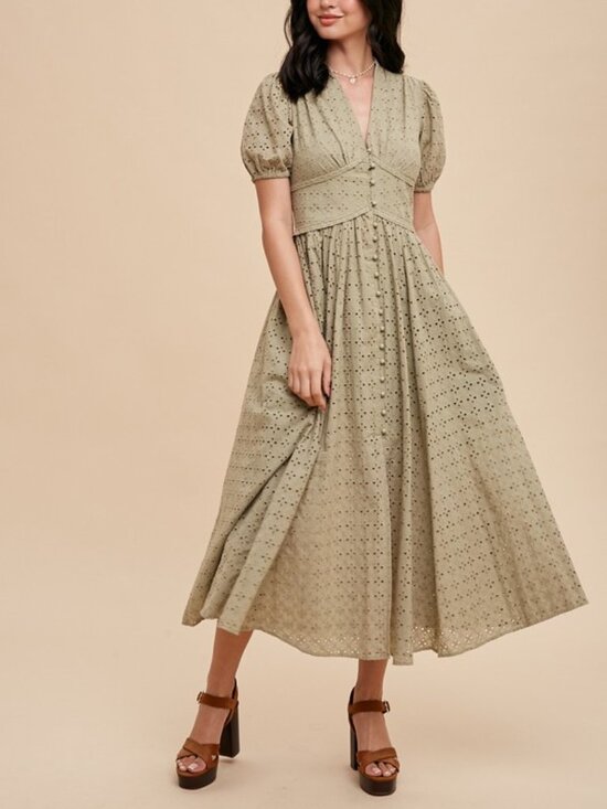 in loom Dresses & Skirts - Cotton Eyelet Button Down Dress Olive Green